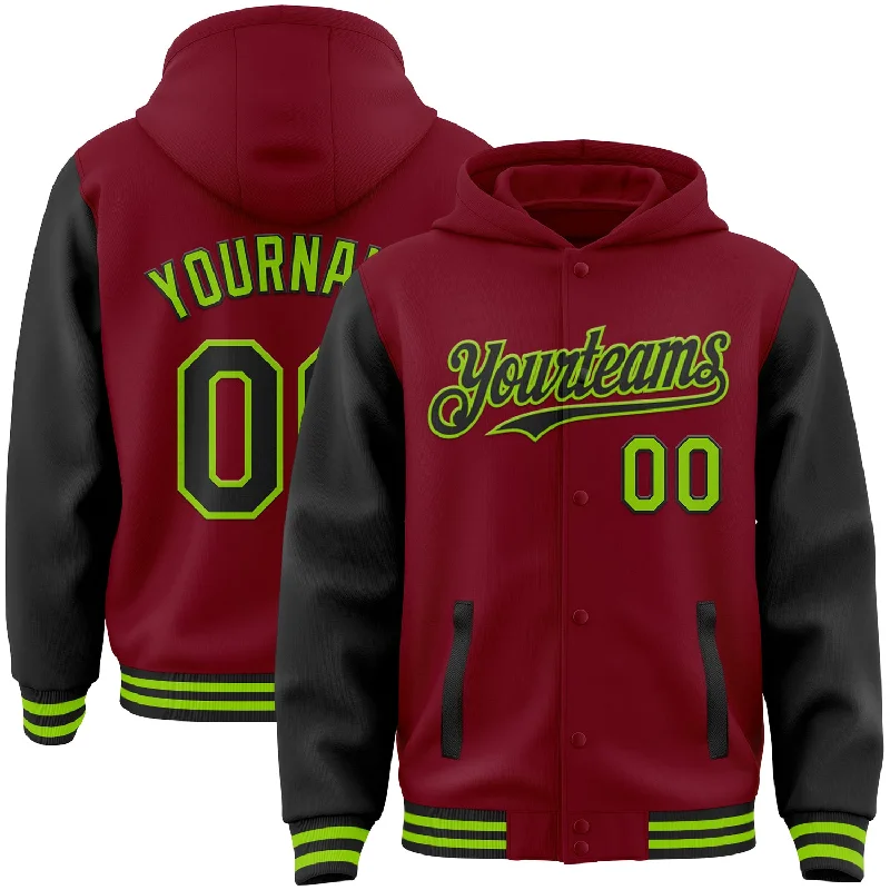 Casual And Trendy Unisex Fashion Staples Flash Sale Now Custom Crimson Black-Neon Green Bomber Full-Snap Varsity Letterman Two Tone Hoodie Jacket