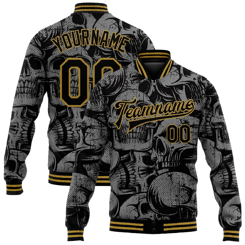 High-Quality Unisex Basics For Everyday Wear Trendy Styles Custom Black Old Gold Skull Fashion 3D Bomber Full-Snap Varsity Letterman Jacket