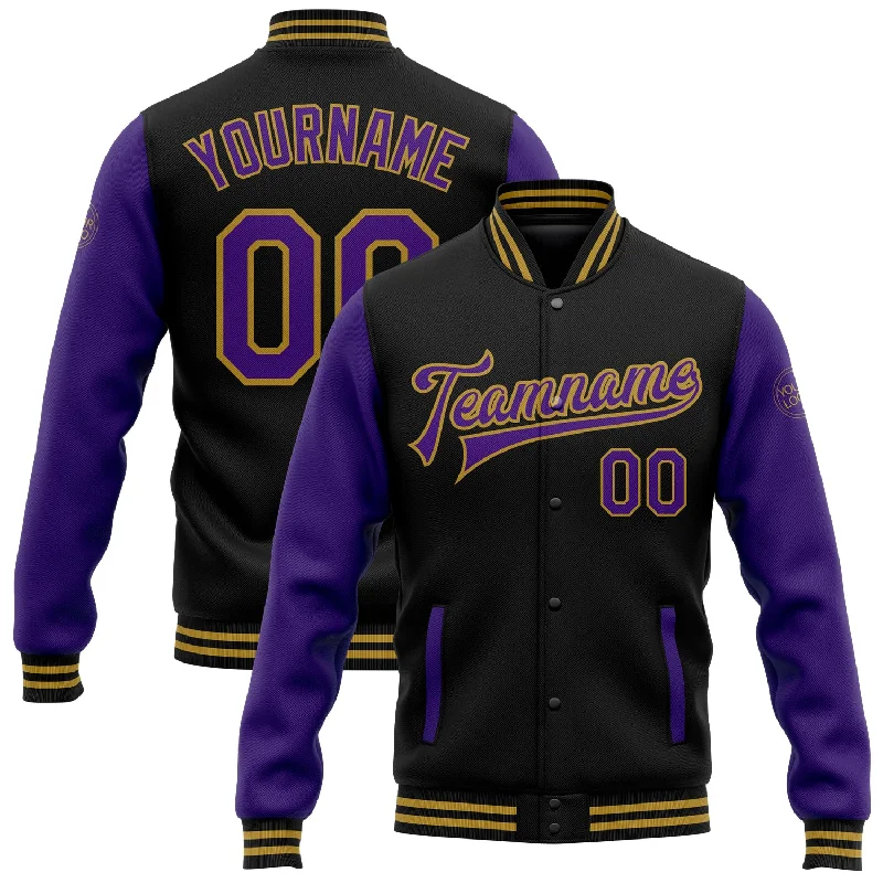 Sleek And Contemporary Gender-Free Outfits Limited Time Special Offer Custom Black Purple-Old Gold Bomber Full-Snap Varsity Letterman Two Tone Jacket