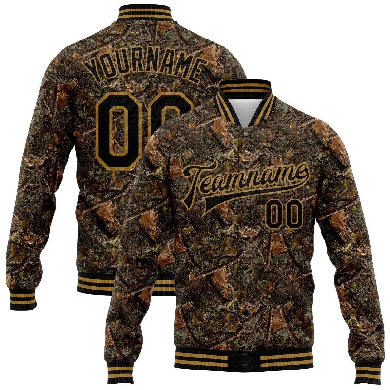 Sleek And Comfortable Unisex Wear Glamorous Fashion Offers Custom Camo Black-Old Gold Realistic Forest Camouflage 3D Bomber Full-Snap Varsity Letterman Salute To Service Jacket