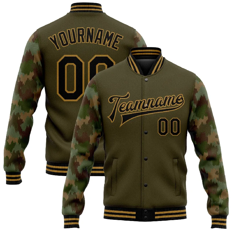 Versatile Clothing For All Genders Explore What'S New Custom Olive Black-Old Gold Camo Sleeves 3D Pattern Design Bomber Full-Snap Varsity Letterman Salute To Service Jacket