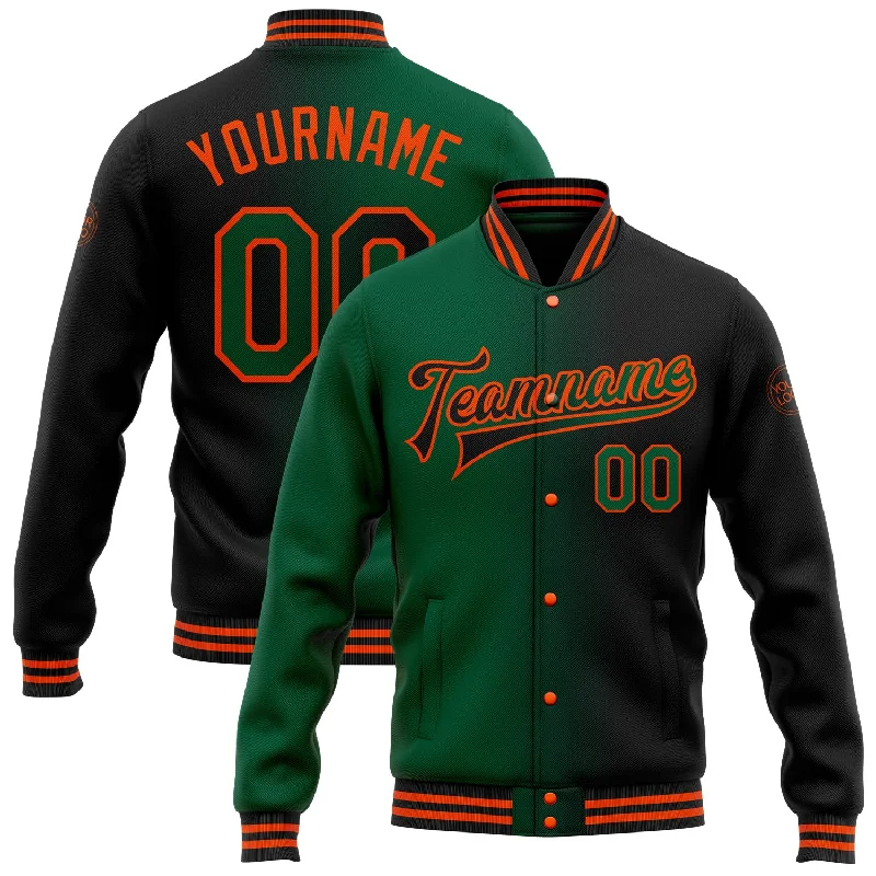 Modern Unisex Wardrobe Staples Budget Saver Custom Black Kelly Green-Orange Bomber Full-Snap Varsity Letterman Gradient Fashion Jacket