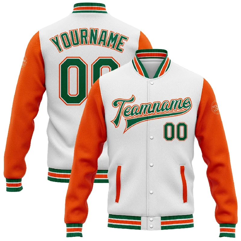 Sustainable And Ethical Unisex Clothing Classic Modern Offers Custom White Kelly Green-Orange Bomber Full-Snap Varsity Letterman Two Tone Jacket