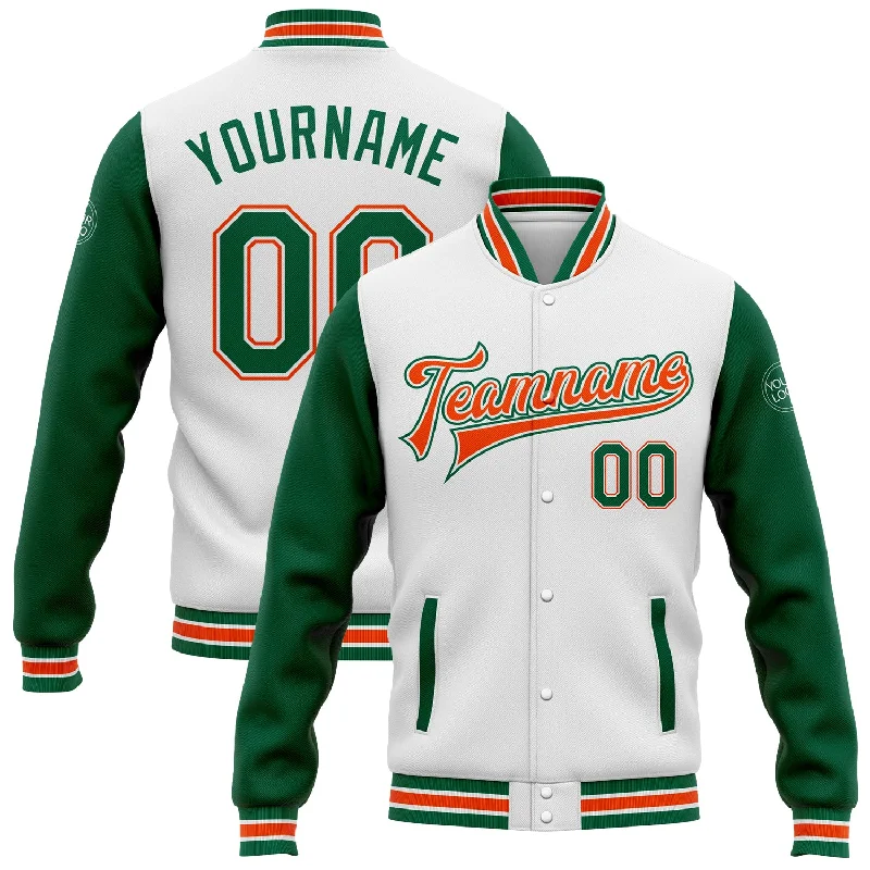 Gender-Neutral Fashion For Everyday Style Vintage-Modern Style Offers Custom White Kelly Green-Orange Bomber Full-Snap Varsity Letterman Two Tone Jacket