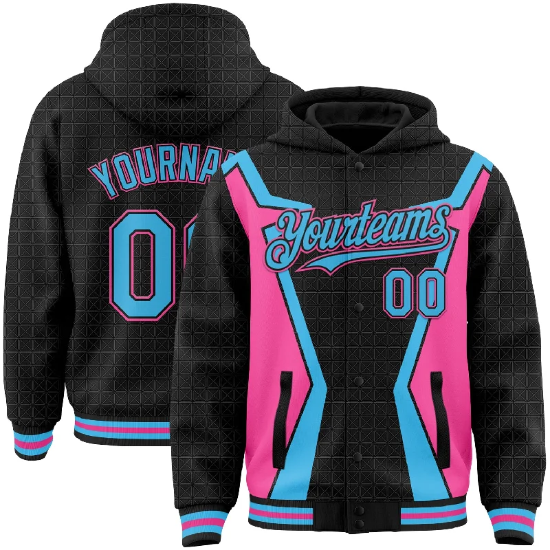 Minimalist Unisex Fashion Essentials Fashion Essentials Custom Black Sky Blue-Pink Arrow 3D Pattern Design Bomber Full-Snap Varsity Letterman Hoodie Jacket