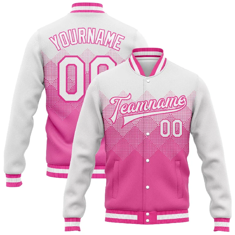 Minimalist Unisex Wardrobe Must-Haves On-Trend Fashion Offers Custom Pink White 3D Pattern Design Bomber Full-Snap Varsity Letterman Jacket