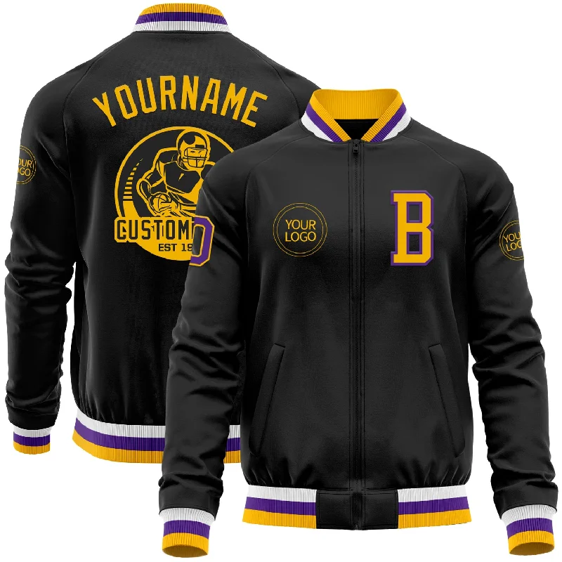 Fashion-Forward Gender-Neutral Outerwear Vibrant Style Promotions Custom Black Gold-Purple Bomber Varsity Letterman Zipper Jacket