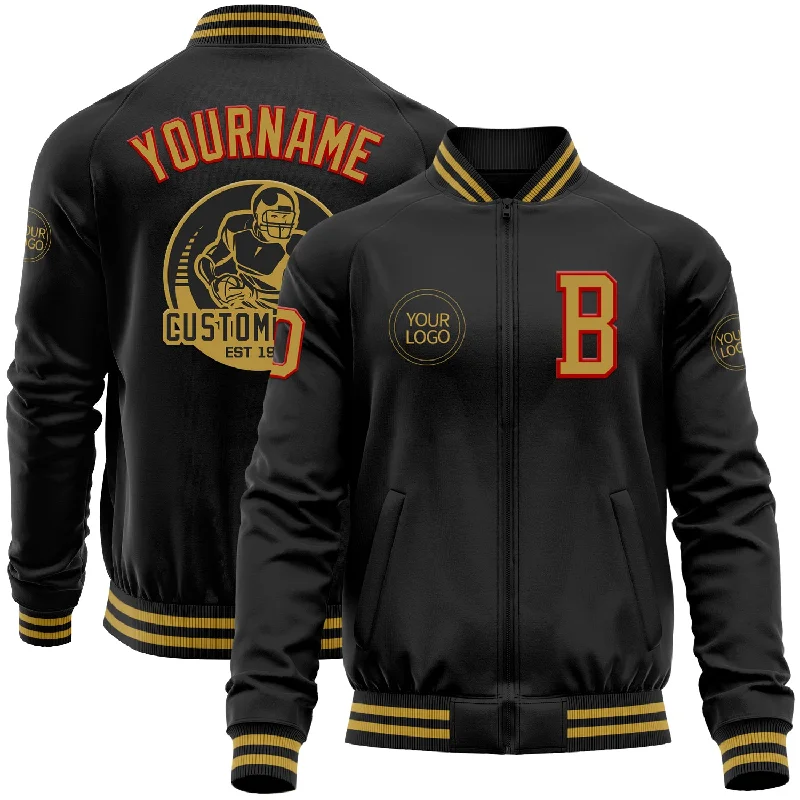 Relaxed-Fit Unisex Clothing Options Luxury Fashion Discounts Custom Black Old Gold-Red Bomber Varsity Letterman Zipper Jacket