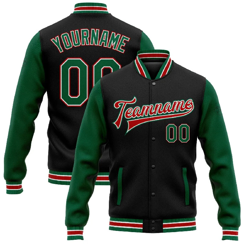 Sleek And Comfortable Unisex Wear Spring Offer Custom Black Kelly Green-Red Bomber Full-Snap Varsity Letterman Two Tone Jacket