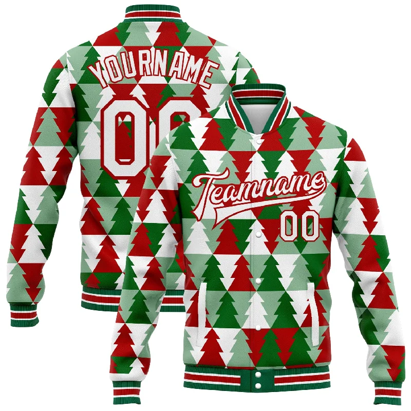 Sustainable Gender-Neutral Apparel The Latest Trends Custom Kelly Green White-Red Christmas Tree 3D Bomber Full-Snap Varsity Letterman Jacket