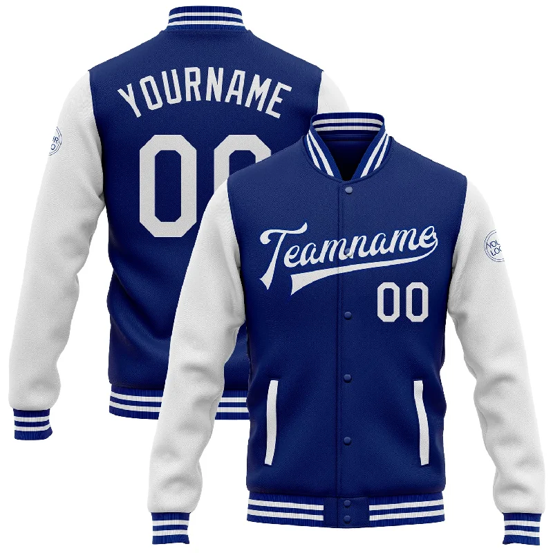 Urban-Inspired Unisex Fashion Pieces Fashion-Forward Offers Custom Royal White Bomber Full-Snap Varsity Letterman Two Tone Jacket