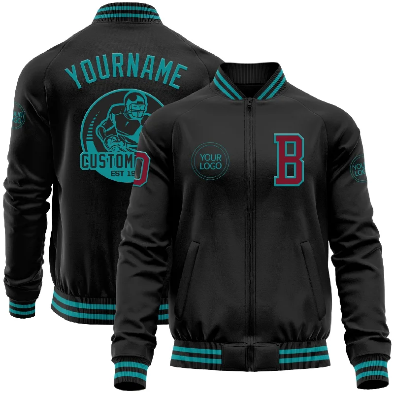 Minimalist Unisex Wardrobe Must-Haves Fashionista Favorites Custom Black Crimson-Teal Bomber Varsity Letterman Zipper Jacket