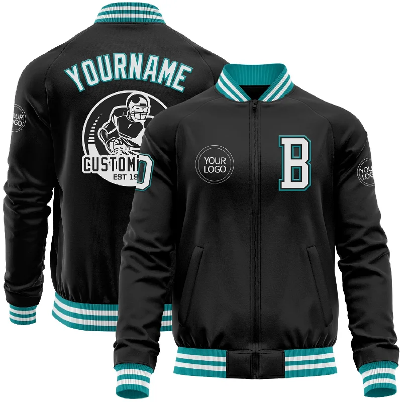 Minimalist Unisex Wardrobe Must-Haves Step Ahead, Lead The Trend Custom Black White-Teal Bomber Varsity Letterman Zipper Jacket