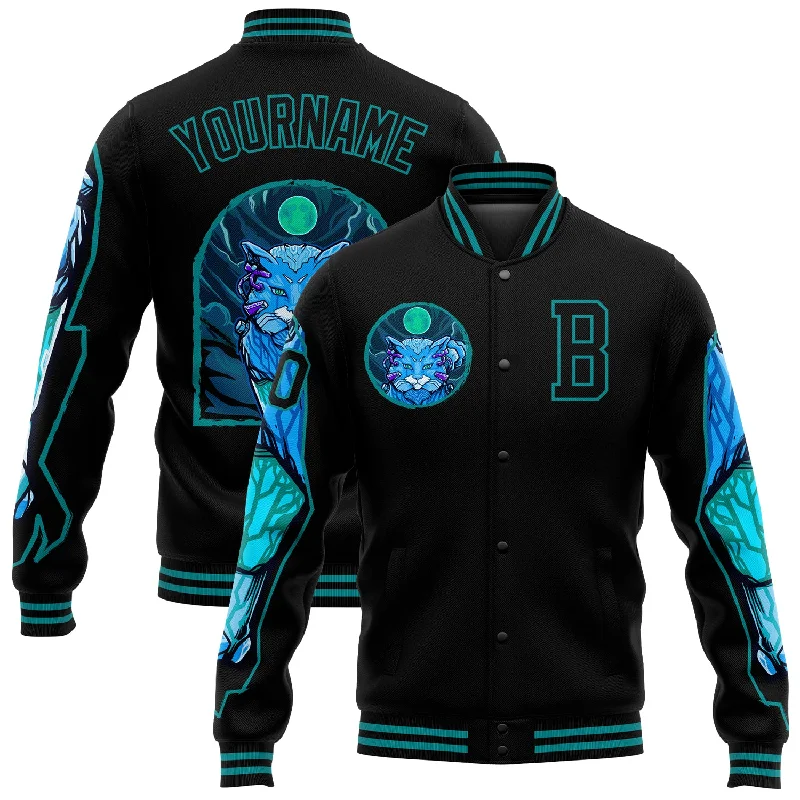 Lightweight And Breathable Unisex Wear Contemporary Fashion Sale Custom Black Teal Leopard 3D Pattern Design Bomber Full-Snap Varsity Letterman Jacket