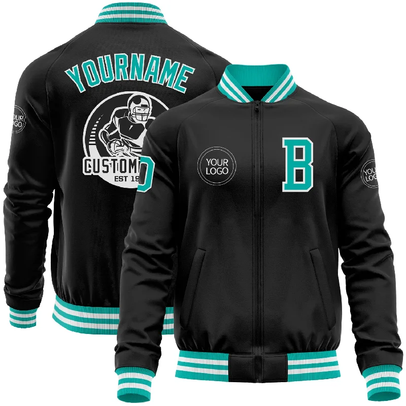 Modern Unisex Streetwear Outfits Bid Farewell To The Old Season Custom Black Aqua-White Bomber Varsity Letterman Zipper Jacket