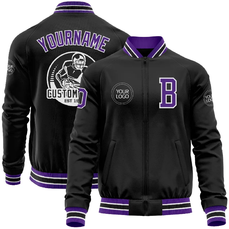 Modern Unisex Wardrobe Staples Huge Price Cut Custom Black Purple-White Bomber Varsity Letterman Zipper Jacket