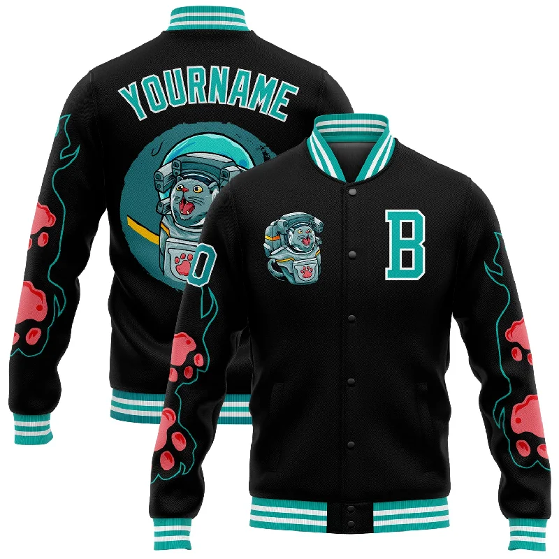 Versatile And Stylish Unisex Apparel Sporty Fashion Offers Custom Black Aqua-White Seated Cat 3D Pattern Design Bomber Full-Snap Varsity Letterman Jacket