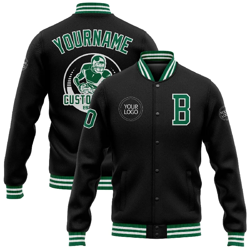 High-Quality Unisex Basics For All Occasions Trendy Fashion Sale Custom Black Kelly Green-White Bomber Full-Snap Varsity Letterman Jacket