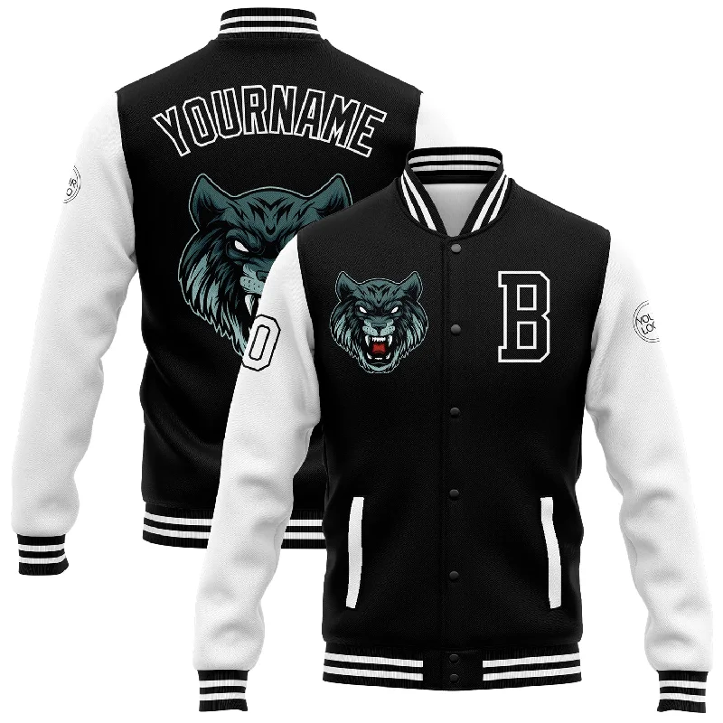 Comfortable Unisex Streetwear Fast Fashion Favorites Custom Black White 3D Pattern Design Bomber Full-Snap Varsity Letterman Jacket