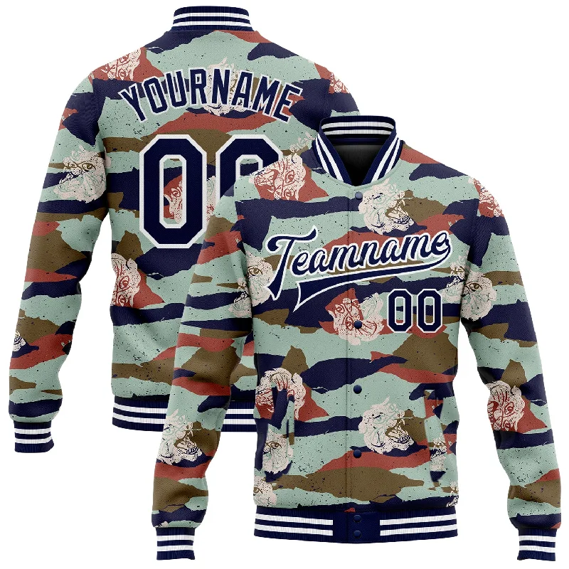 Bold And Trendy Gender-Neutral Outfits Best Sellers Custom Camo Navy-White Tiger 3D Pattern Design Bomber Full-Snap Varsity Letterman Salute To Service Jacket