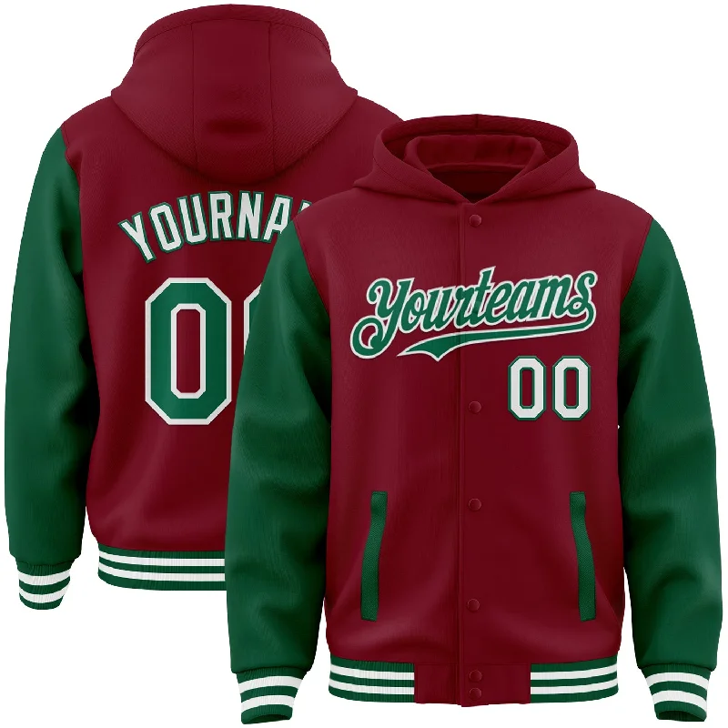 Trendy Unisex Exclusive Discounts Custom Crimson Kelly Green-White Bomber Full-Snap Varsity Letterman Two Tone Hoodie Jacket