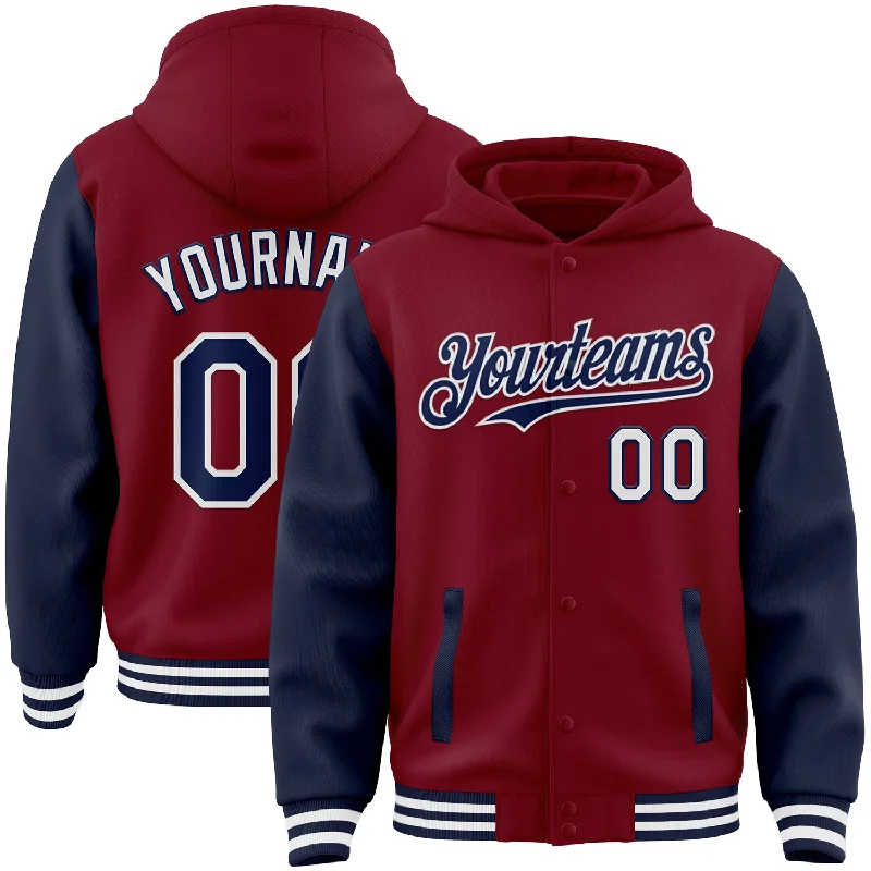 Gender-Neutral Clothing Styles Holiday Attire Sale Custom Crimson Navy-White Bomber Full-Snap Varsity Letterman Two Tone Hoodie Jacket