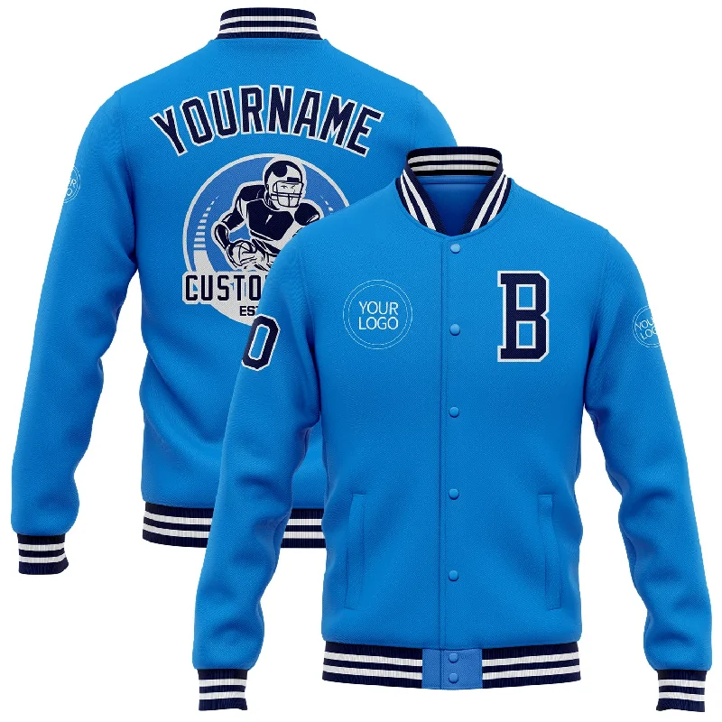 Fashion-Forward Unisex Apparel Playful Fashion Offers Custom Powder Blue Navy-White Bomber Full-Snap Varsity Letterman Jacket