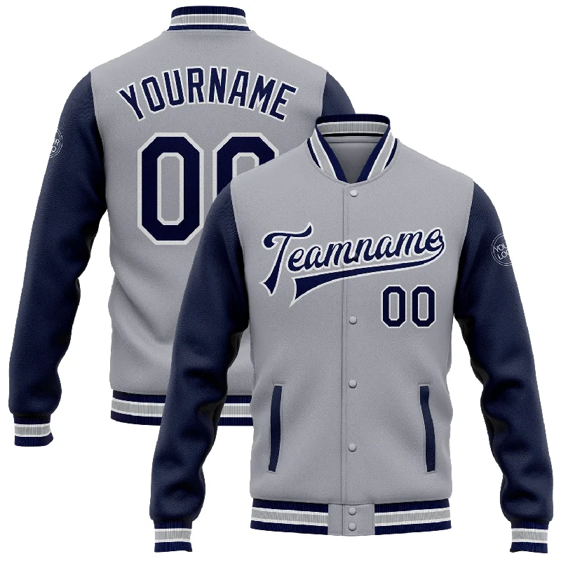 Casual And Trendy Unisex Fashion Staples Trendy Pulse Custom Gray Navy-White Bomber Full-Snap Varsity Letterman Two Tone Jacket