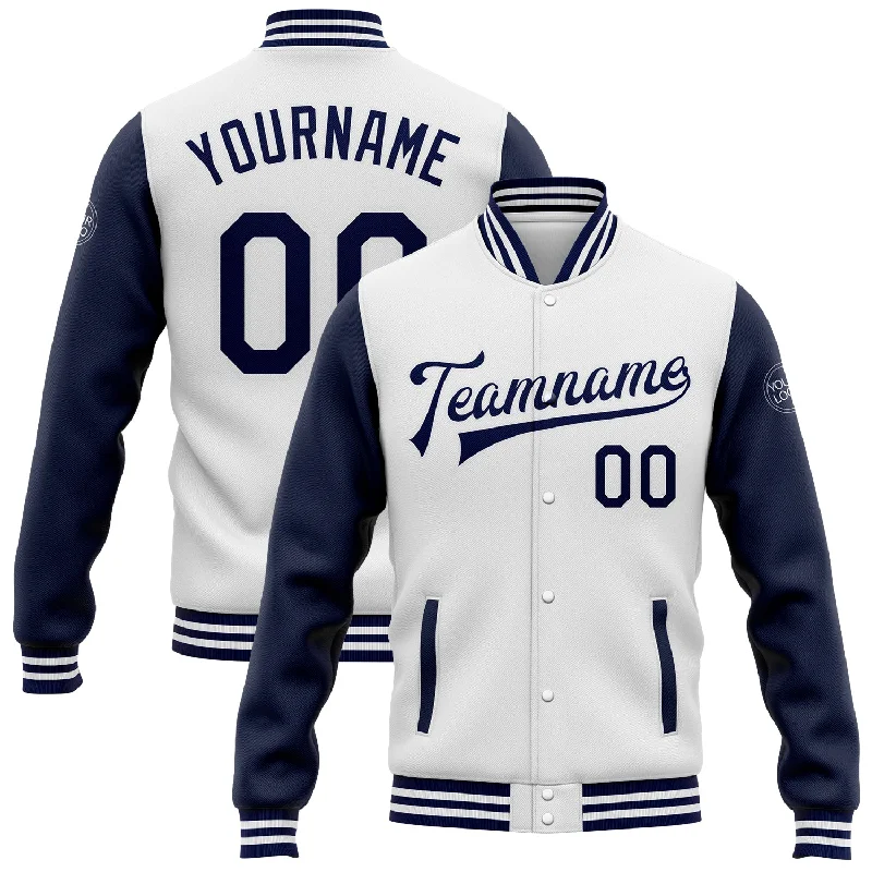 Soft And Breathable Unisex Loungewear Romantic Chic Deals Custom White Navy Bomber Full-Snap Varsity Letterman Two Tone Jacket