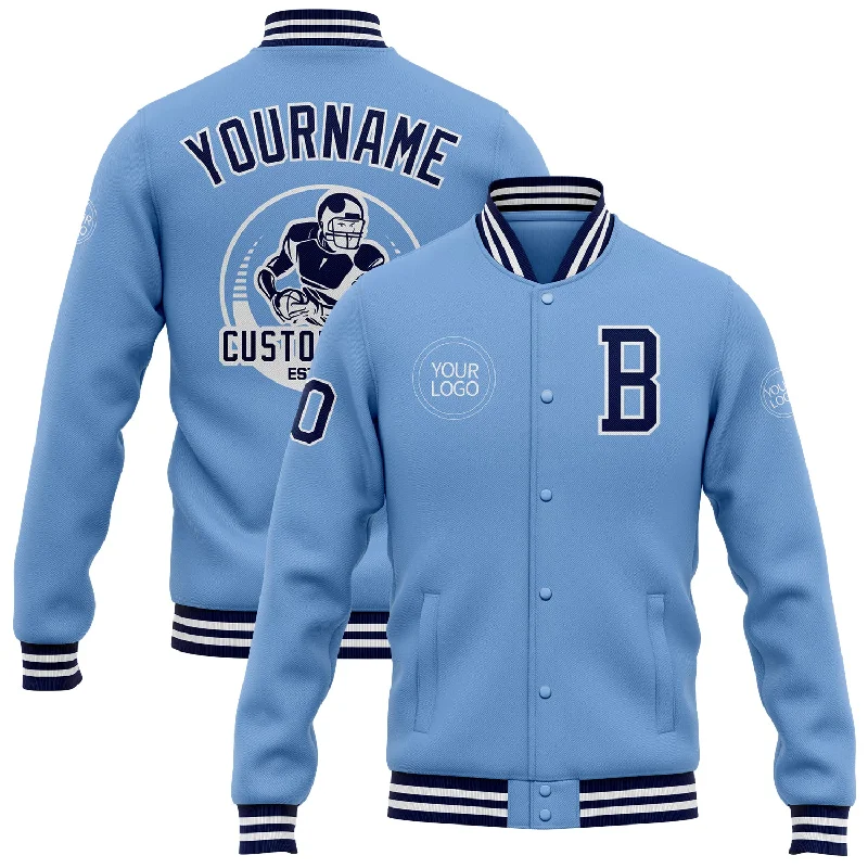 Minimalist Unisex Fashion Must-Haves Luxe Style Discounts Custom Light Blue Navy-White Bomber Full-Snap Varsity Letterman Jacket