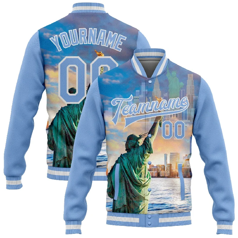 Versatile Clothing For All Genders Urban Fashion Custom Light Blue White Statue Of Liberty New York City Edition 3D Bomber Full-Snap Varsity Letterman Jacket