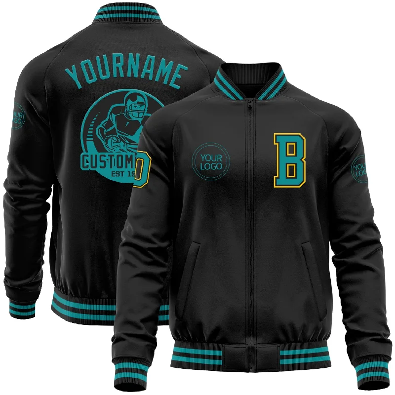 Sleek And Contemporary Gender-Free Outfits Season Sale Custom Black Teal-Yellow Bomber Varsity Letterman Zipper Jacket